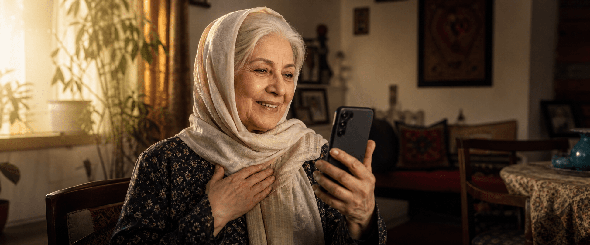 مادر سالمند در حال گفت‌وگوی تصویری با خانواده
